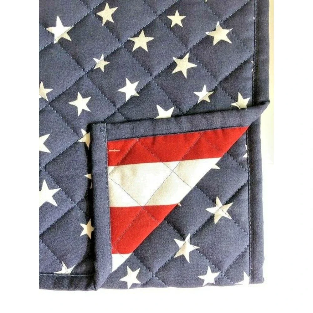 Patriotic Flag Table Runner 4th of July Reversible Quilted Red White Blue 13x36